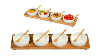 Bamboo Serving Platter with 4 Ceramic Bowls and Bamboo spoons